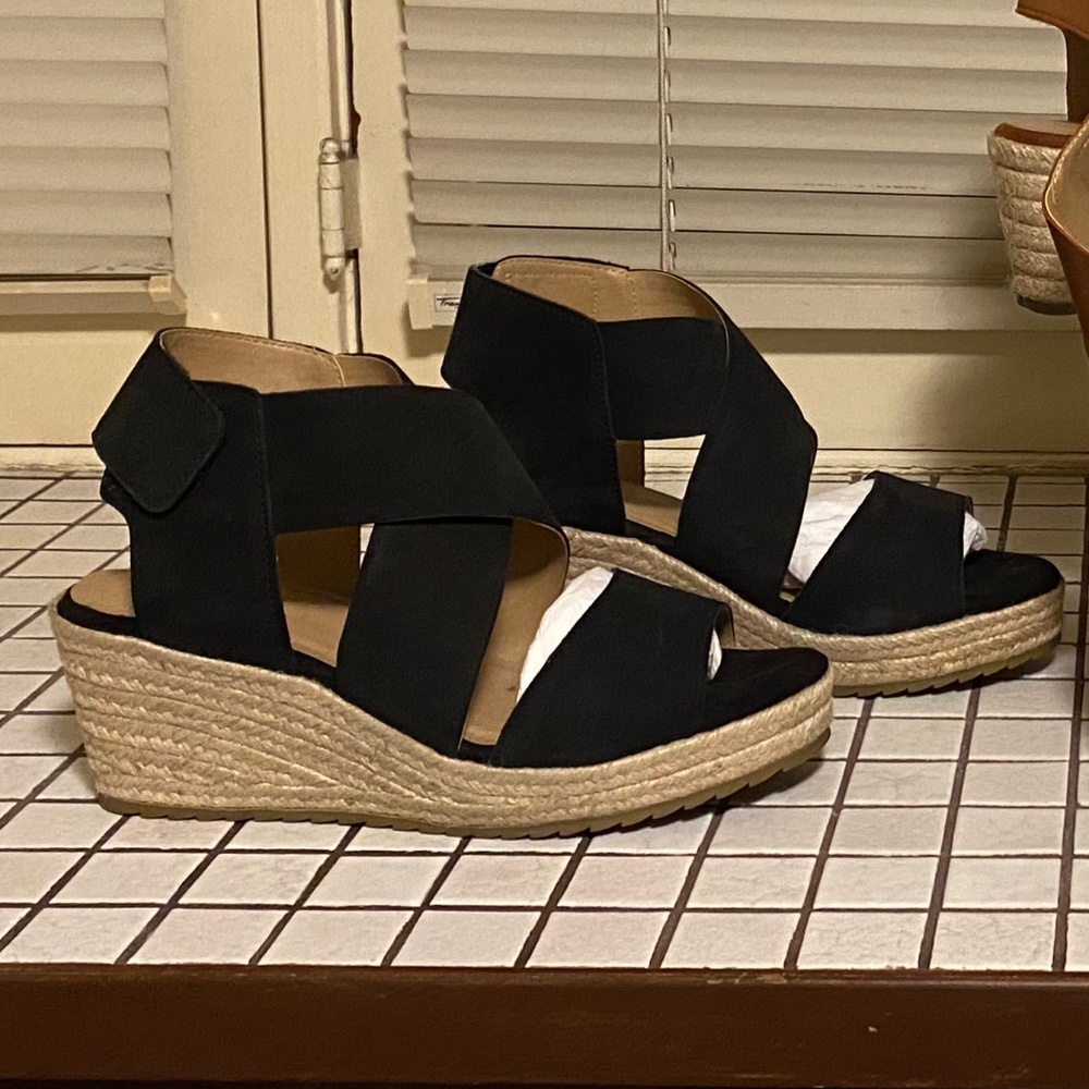 Soul Naturalizer Wedge Platform Espadrilles Leather Black Sandals Oshay 10 Shoes